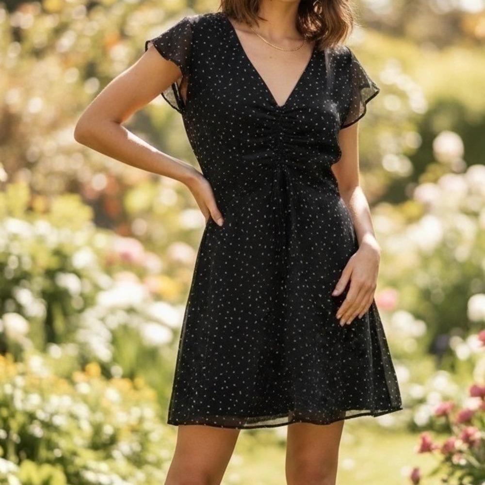 Leith Mini Dress M Black Chiffon V Neck Smocked Fairycore‎ Whimsigoth Boho Indie